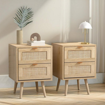 B&Q -  2Pc Wooden Rattan Bedside Tables With 2 Drawers