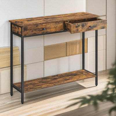 B&Q -  2 Tier Slim Console Table With 2 Drawers Industrial Rustic Brown Furniture