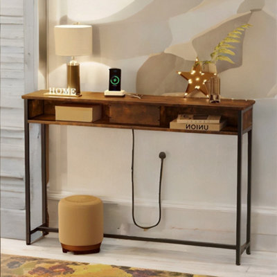 Pirlo Plush Industrial Console Table With Charging Station Rustic Brown Hallway Furniture from B&Q