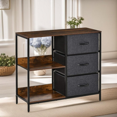 Pirlo Plush Bedroom Chest With 3 Fabric Drawers & Shelves Rustic Brown from B&Q