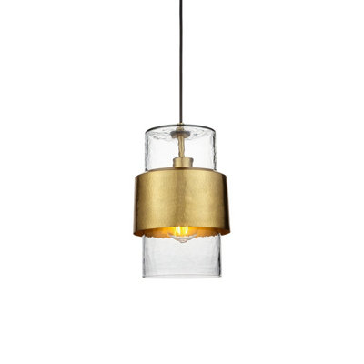 Luminosa Lighting Luminosa Palermo Slim Pendant Ceiling Light Hammered Brass PlateTextured Clear Glass from B&Q