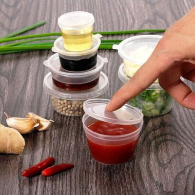 Hot Bargains Hinged Sauce Pots 100 Pack 6Oz 180Ml Clear Round Reusable Containers from B&Q