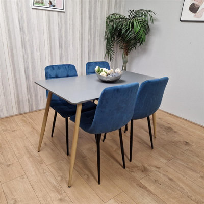 Kosy Koala Wooden Dining Table Set For 4 Wooden Table And 4 Velvet Chairs Grey/Blue
