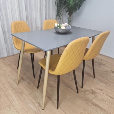 Kosy Koala Wooden Rectangle Dining Table Set Table With 4 Mustard Gem Patterned Chairs Grey