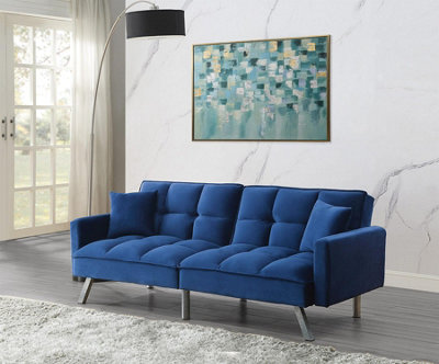 Kosy Koala Sofa Bed 2 Seater Velvet Click Clack Sofa Settee Recliner Couch With Metal Legs 2 Pillows Blue