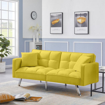 Kosy Koala Sofa Bed 2 Seater Velvet Click Clack Sofa Settee Recliner Couch With Metal Legs With 2 Pillows Yellow