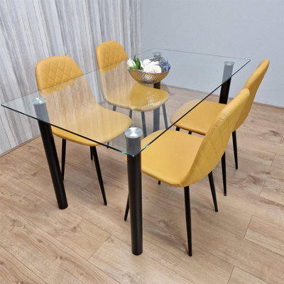 B&Q -  White Clear Glass Dining Table With 4 Mustard Chairs Dining Room Furniture