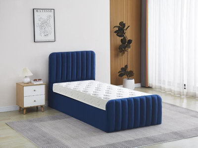 B&Q -  Ottoman Gas Lift Storage Bed 3Ft Single And 1 Mattress Blue Velvet Bedroom