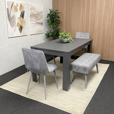 B&Q -  Modern Dark Grey Dining Table Set With 2 Grey Velvet Chairs And 2 Grey Benches
