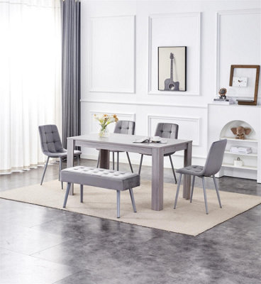 B&Q -  Dining Table And 4 Chairs With Bench Grey 4 Grey Velvet Chairs Wood Table Dining Set Furniture