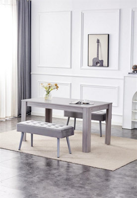 B&Q -  Modern Rectangle Grey Dining Table Set With 2 Grey Velvet Benches Dining Room Furniture