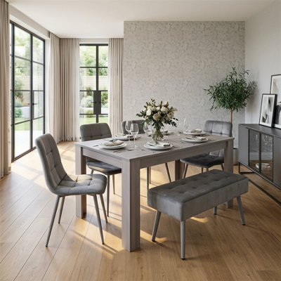 Rackhams Grey Dining Table And 4 Chairs With Bench 4 Velvet Chairs Wood Table Dining Set Furniture - Image 11