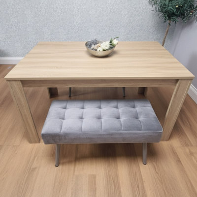 B&Q -  Dining Table And 2 Benches Oak Effect Table With 2 Grey Velvet Benches Dining Room Furniture