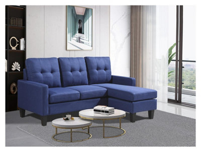 B&Q -  Corner Sofa Fabric Sectional Sofa With Ottoman L-Shaped Blue Sofa Couch Reversible 3-Seater