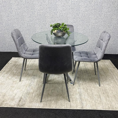 Modern Round Glass Dining Table Set With 4 Grey Velvet Chairs Dining ...