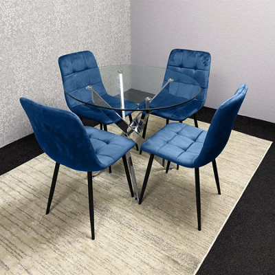 Kosy Koala Unisex Brown Round Glass Dining Table Set With Blue Velvet Chairs Dining Room Furniture In Size 4 - Image 11