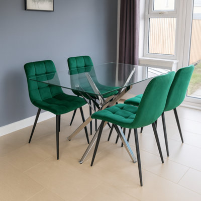 B&Q -  Modern Rectangle Glass Dining Table Set With 4 Green Velvet Chairs Dining Room Furniture