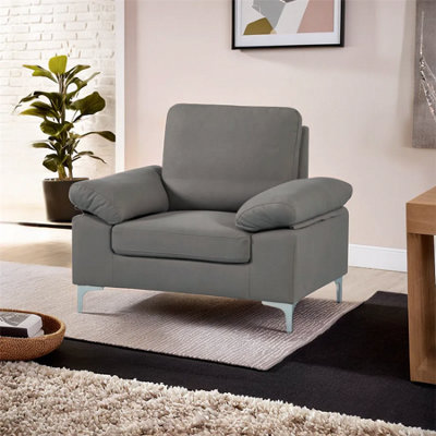 B&Q -  Modern Grey Fabric One Seater Sofa With Chrome FeetComfortable Couch With Cushion For Living RoomBedroom Or Office