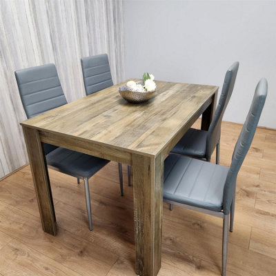 Kosy Koala Dining Table And 4 Chairs Rustic Effect Wood Table 4 Leather Chairs Dining Room Grey