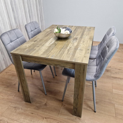 Kosy Koala Dining Table And 4 Velvet Chairs Rustic Effect Wood Table Dining Room Grey