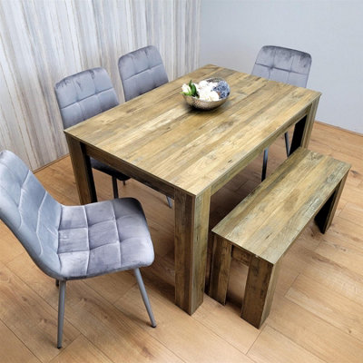 Kosy Koala Rustic Wooden Dining Table Set For 6 With 4 Grey Velvet Chairs And Bench from B&Q