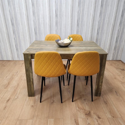 Kosy Koala Dining Table And 4 Chairs Rustic Effect Table With 4 Mustard Gem Patterned Chairs Brown