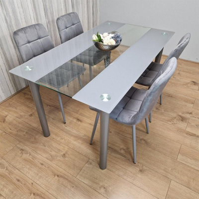 Kosy Koala Dining Table Clear Glass And 4 Velvet Chairs Dining Room Furniture Grey