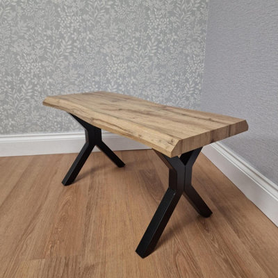B&Q -  Durable Wooden Bench With X-Shaped Iron LegsCurved Edge For DiningWorkOr Study