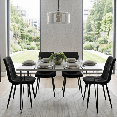 Kosy Koala Dining Table With Hairpin Legs, Bench & 4 Velvet Chairs Set For Kitchen & Dining Room Grey/Black