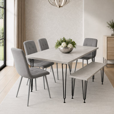 Kosy Koala Dining Table With Hairpin Legs, Bench & 4 Velvet Chairs Set For Kitchen & Dining Room Grey