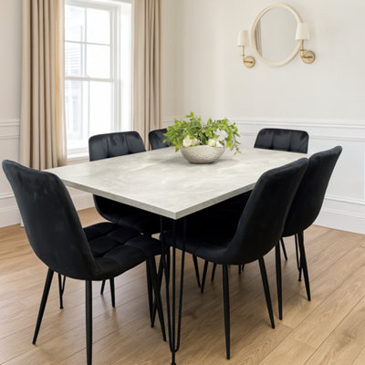 B&Q -  Dining Table With 6 Chairs Modern Grey Dining Table Set With 6 Black Velvet Chairs Dining Room Furniture