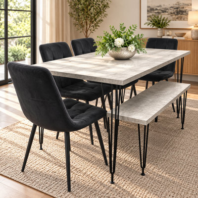Dining Table with Hairpin Legs, Bench & 4 Velvet Chairs Set - Image 11