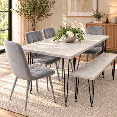 Kosy Koala 6 Seater Wood And Velvet Tufted Dining Bench Set Grey - Image 11