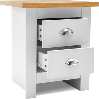 B&Q -  Two-Drawer Bedside Table Cabinet Wooden Top Nightstand White Bedroom Furniture Small Space Storage End Table
