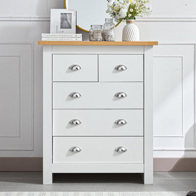 B&Q -  5-Drawer Dresser With Light Wood TopWhite Bedroom Storage ChestSilver HandlesW79Cm