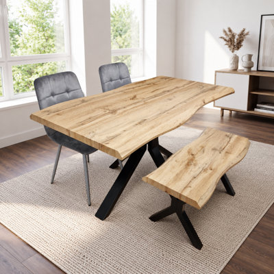 B&Q -  Modern Dining Table Set With 2 Grey Velvet Chairs And Bench  Dining Room Furniture Set