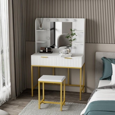 Kosy Koala Dressing Table Set With Bulb Lights Mirror, Side Shelves And Stool - And - Hollywood Style White/Gold