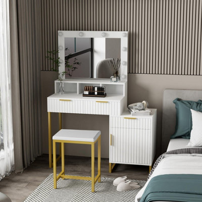 Kosy Koala Dressing Table Set With Bulb Lights Mirror, Storage Cabinet And Stool - And - Hollywood Style White/Gold