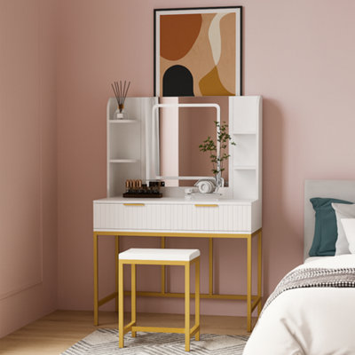 Kosy Koala Dressing Table Set With Led Mirror, Side Shelves And Stool - And For Bedroom White/Gold
