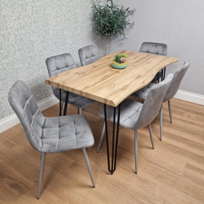 Kosy Koala Wooden Dining Table And 6 Velvet Chairs - Stylish Dining Room Furniture Grey