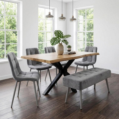 B&Q -  Modern Dining Table Set With 4 Grey Velvet Chairs And Grey Padded Bench Dining Room Furniture