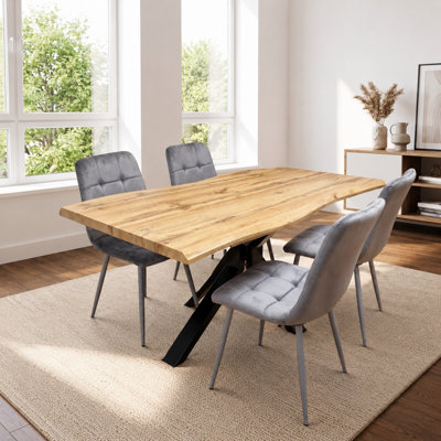 KOSY KOALA Wooden Dining Table with 4 Grey Velvet Chairs, Stylish Dining Room Furniture in Brown - Image 9