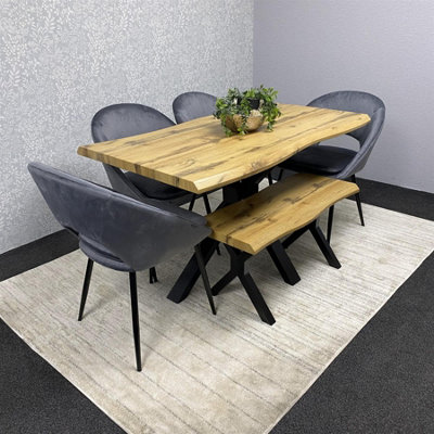 Kosy Koala Wooden Dining Table With Bench And 4 Velvet Chairs, Stylish Dining Room Furniture Brown/Grey