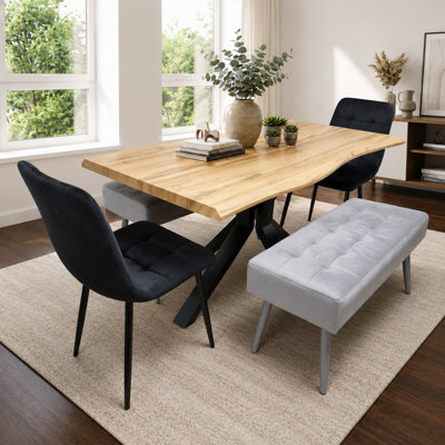 B&Q -  Dining Table Set With 2 Black Chairs And 2 Grey Benches Kitchen Dining Room Furniture