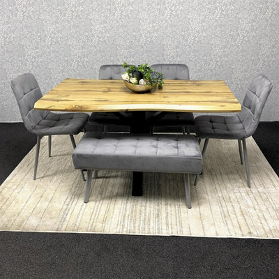 Dining Table Set with 4 Grey Velvet Chairs and 1 Grey Bench Dining Room ...