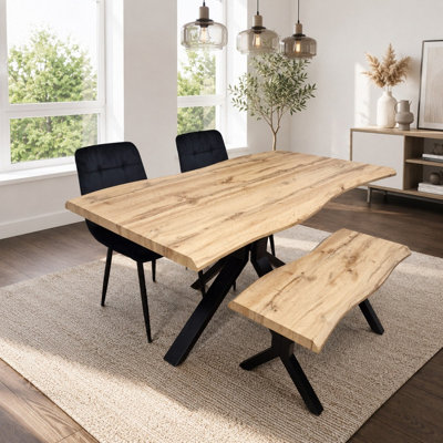 B&Q -  Dining Table Set With 2 Black Velvet Chairs And Bench Dining Room Furniture