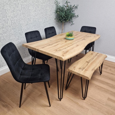 Kosy Koala Wooden Dining Table With Bench And 4 Velvet Chairs - Stylish Dining Room Furniture Black
