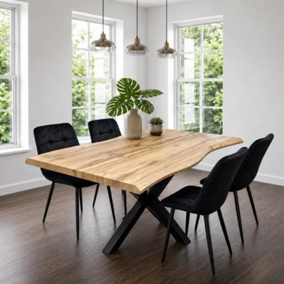 B&Q -  Wooden Dining Table With 4 Black Velvet ChairsStylish Dining Room Furniture