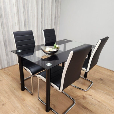 Kosy Koala Dining Table And 4 Chairs Clear Glass 4 Leather Chairs Dining Room Furniture Black/White