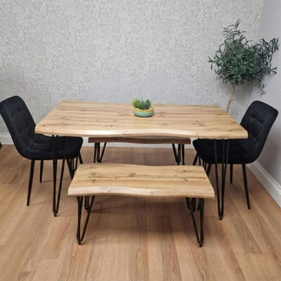 Kosy Koala Wooden Dining Table With 2 Benches And 2 Velvet Chairs - Stylish Dining Room Furniture Black